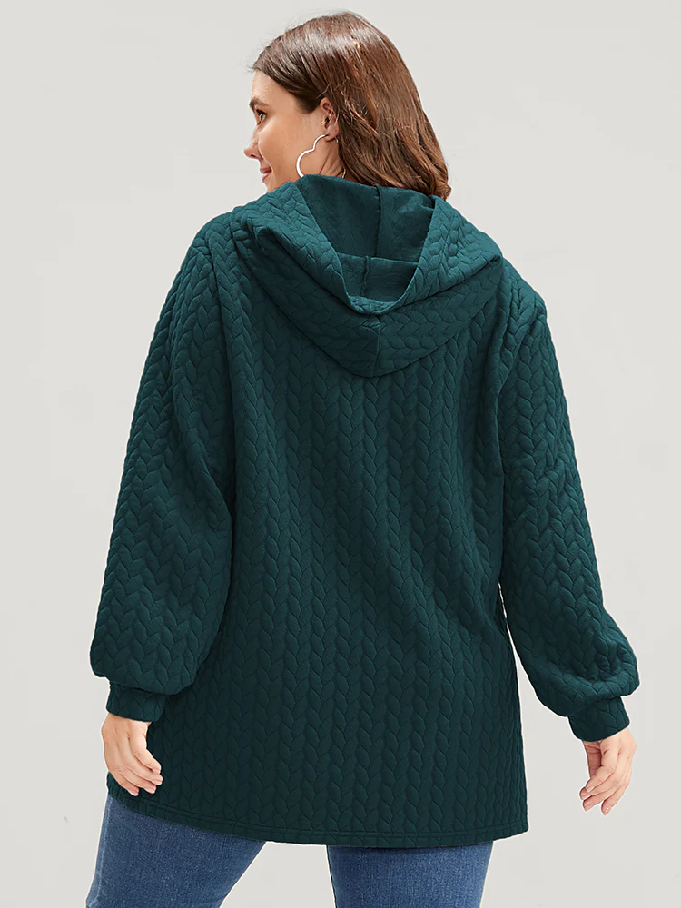 Solid Asymmetrical Hem Cable Knit Hooded Sweatshirt - Image 5