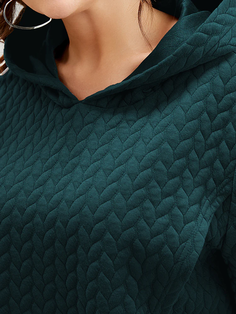 Solid Asymmetrical Hem Cable Knit Hooded Sweatshirt - Image 6