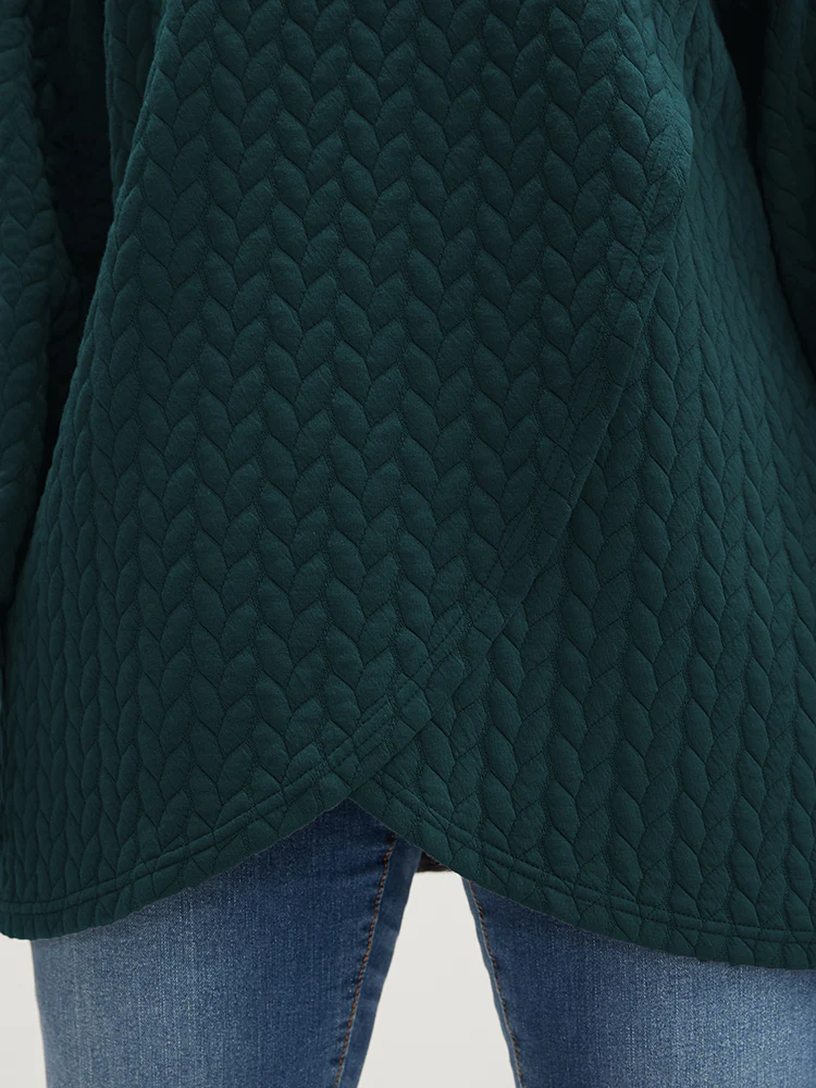 Solid Asymmetrical Hem Cable Knit Hooded Sweatshirt - Image 7