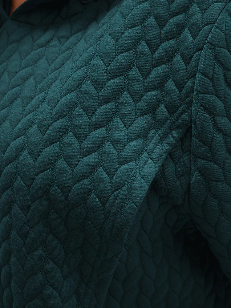 Solid Asymmetrical Hem Cable Knit Hooded Sweatshirt - Image 8