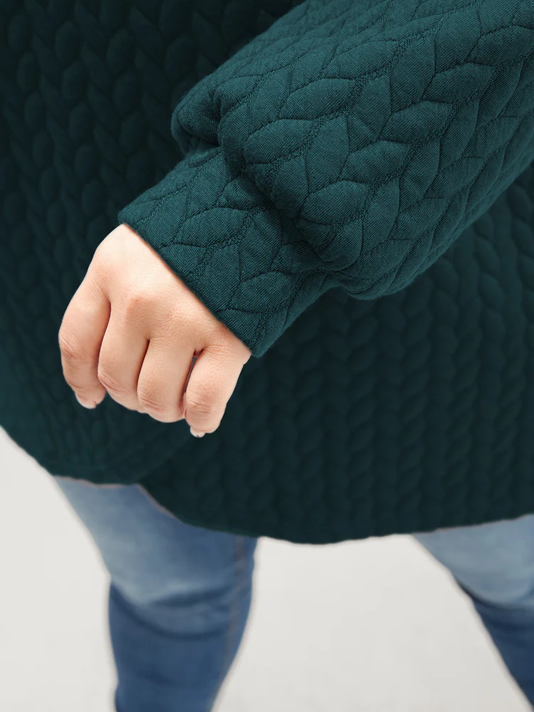 Solid Asymmetrical Hem Cable Knit Hooded Sweatshirt - Image 9