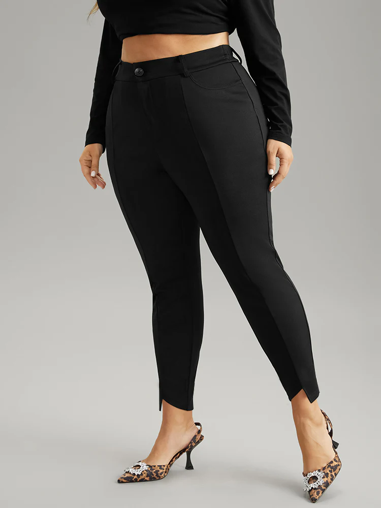 Solid Asymmetrical Hem Pocket Ankle Pants - Image 3