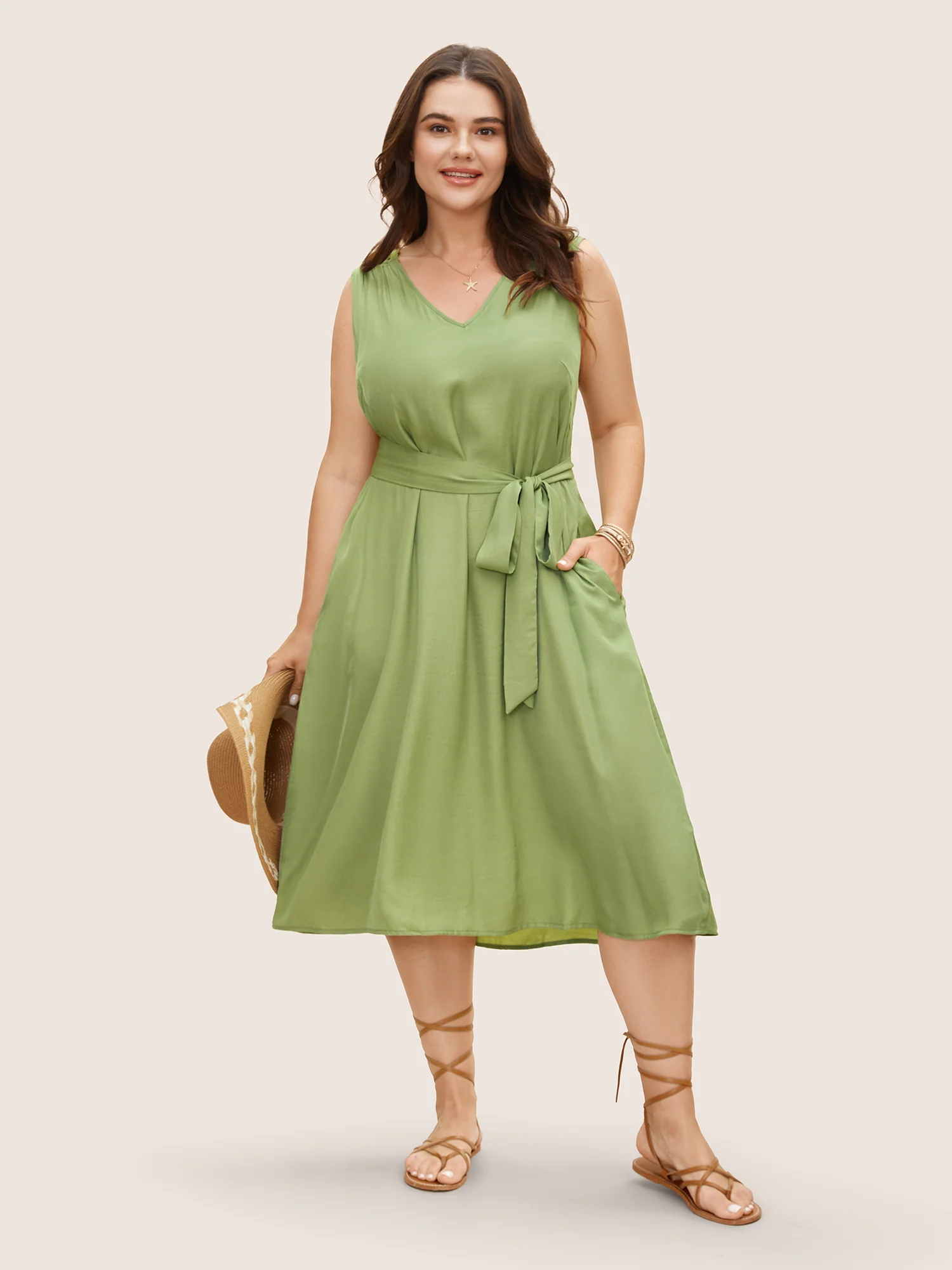 Solid Back Cut Out Belted Dress - Image 2
