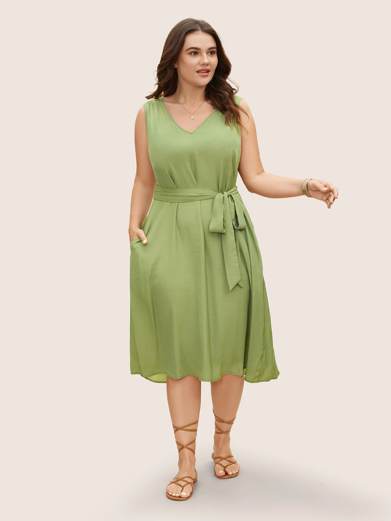 Solid Back Cut Out Belted Dress - Image 3