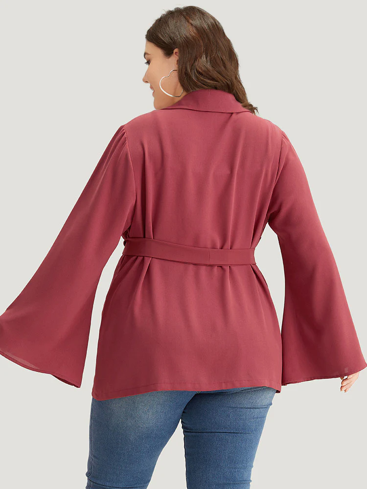 Solid Bell Sleeve Belted Lapel Collar Blazer - Image 2