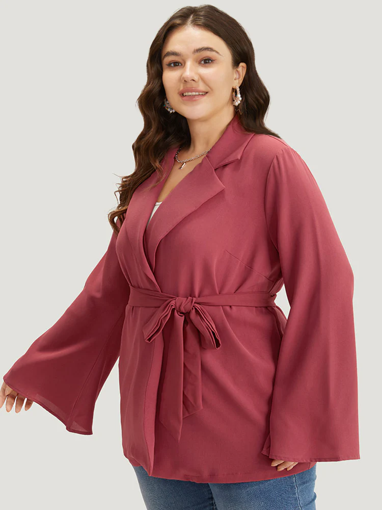 Solid Bell Sleeve Belted Lapel Collar Blazer - Image 3