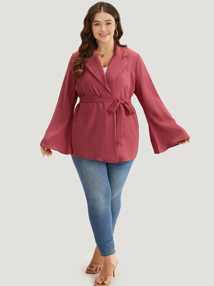 Solid Bell Sleeve Belted Lapel Collar Blazer - Image 4