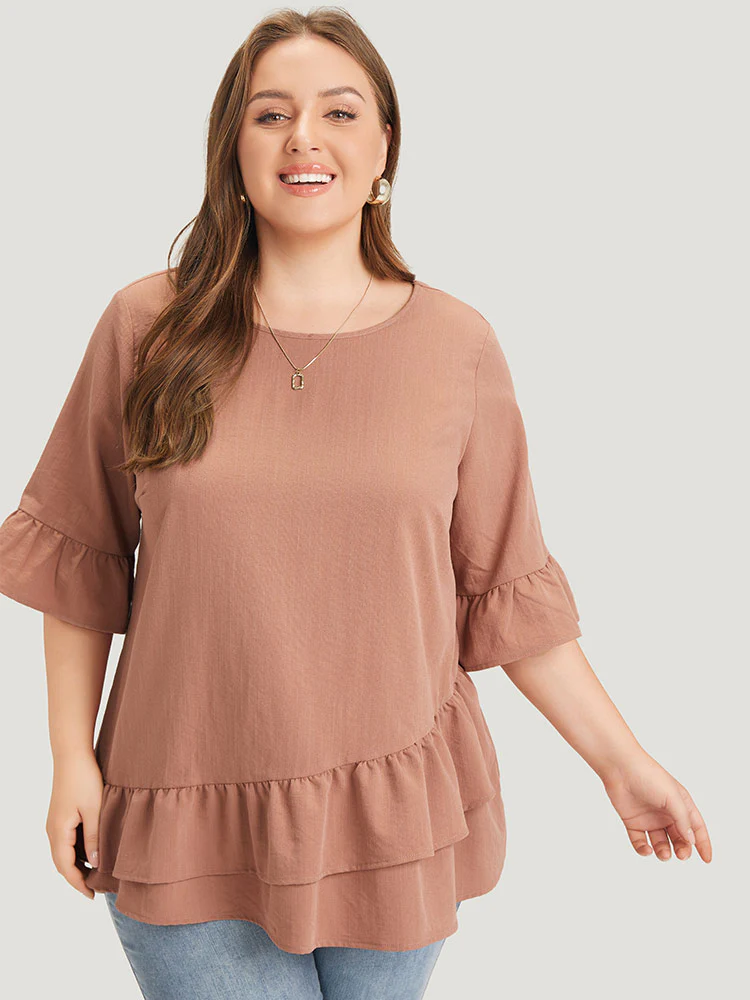 Solid Bell Sleeve Ruffle Layered Blouse - Image 2