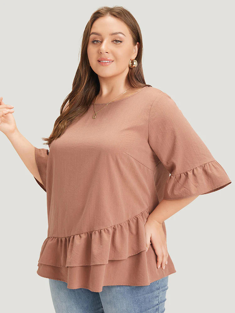 Solid Bell Sleeve Ruffle Layered Blouse - Image 3