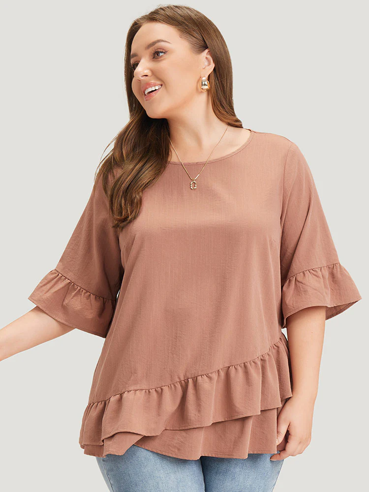 Solid Bell Sleeve Ruffle Layered Blouse - Image 4