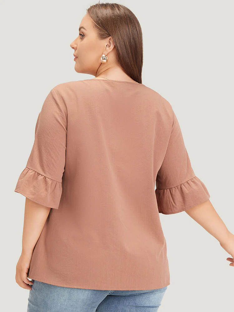 Solid Bell Sleeve Ruffle Layered Blouse - Image 5