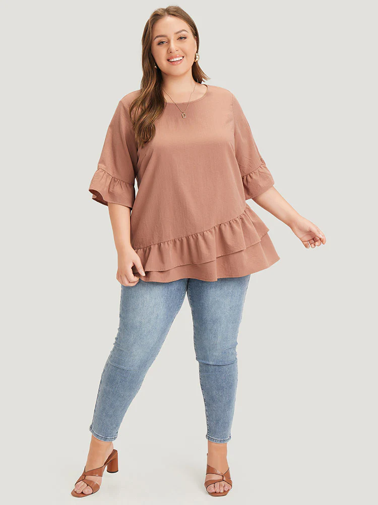 Solid Bell Sleeve Ruffle Layered Blouse - Image 6