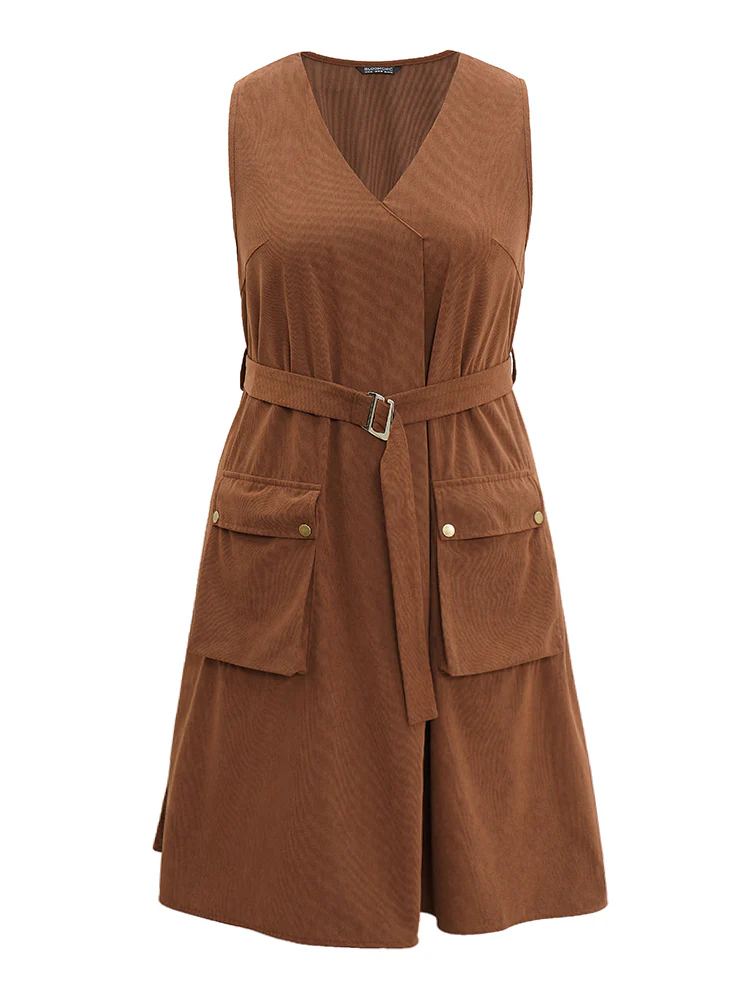 Solid Belted Buckle Detail Flap Pocket Sleeveless Dress - Image 5