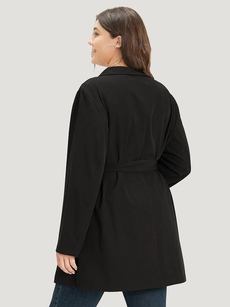 Solid Belted Button Detail Zipper Pocket Coat - Image 2