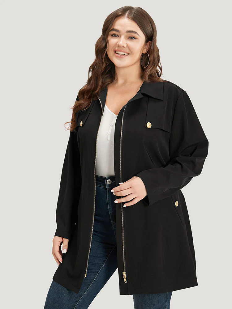 Solid Belted Button Detail Zipper Pocket Coat - Image 3