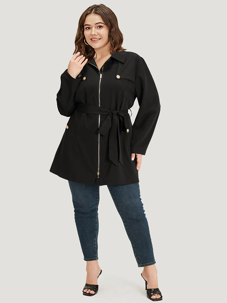 Solid Belted Button Detail Zipper Pocket Coat - Image 4