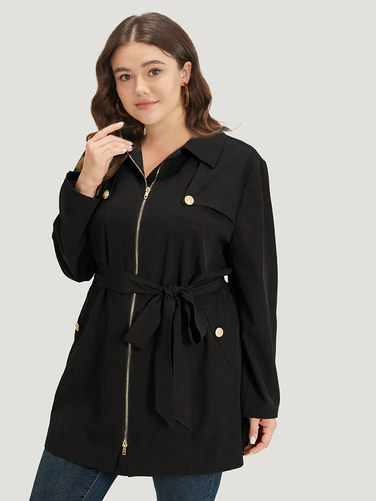 Solid Belted Button Detail Zipper Pocket Coat - Image 5