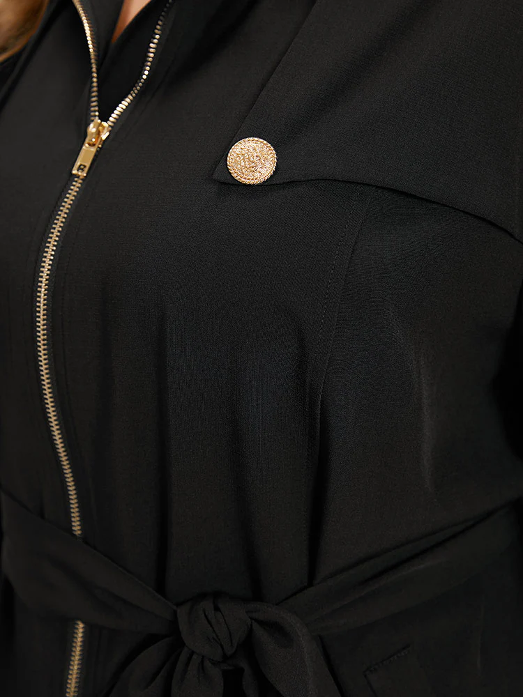Solid Belted Button Detail Zipper Pocket Coat - Image 7