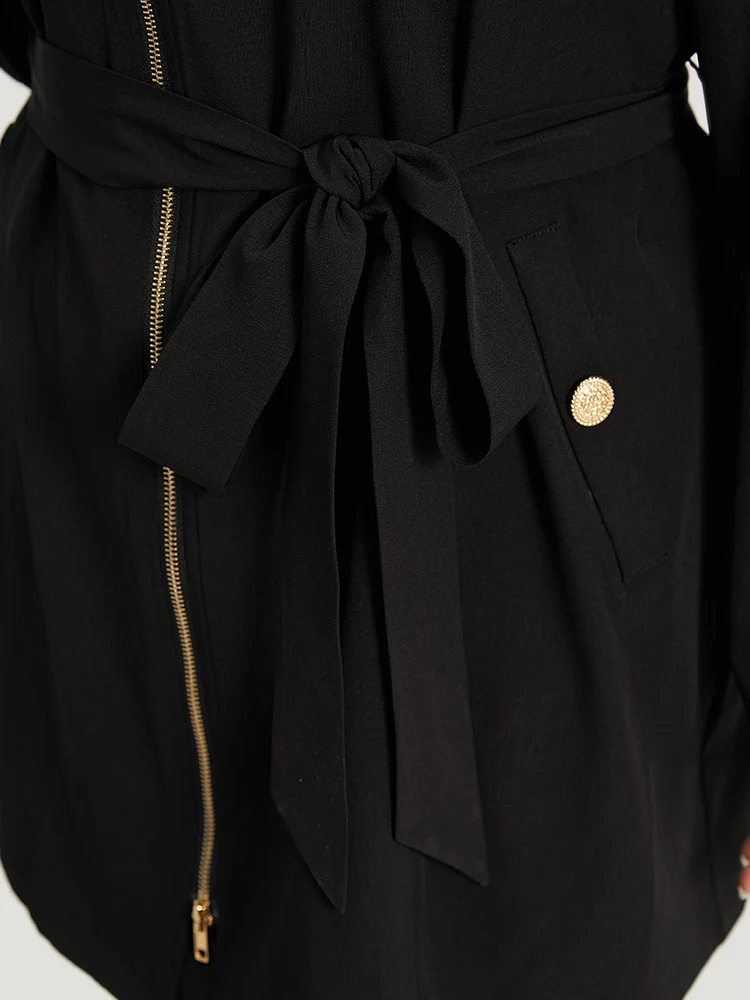 Solid Belted Button Detail Zipper Pocket Coat - Image 8