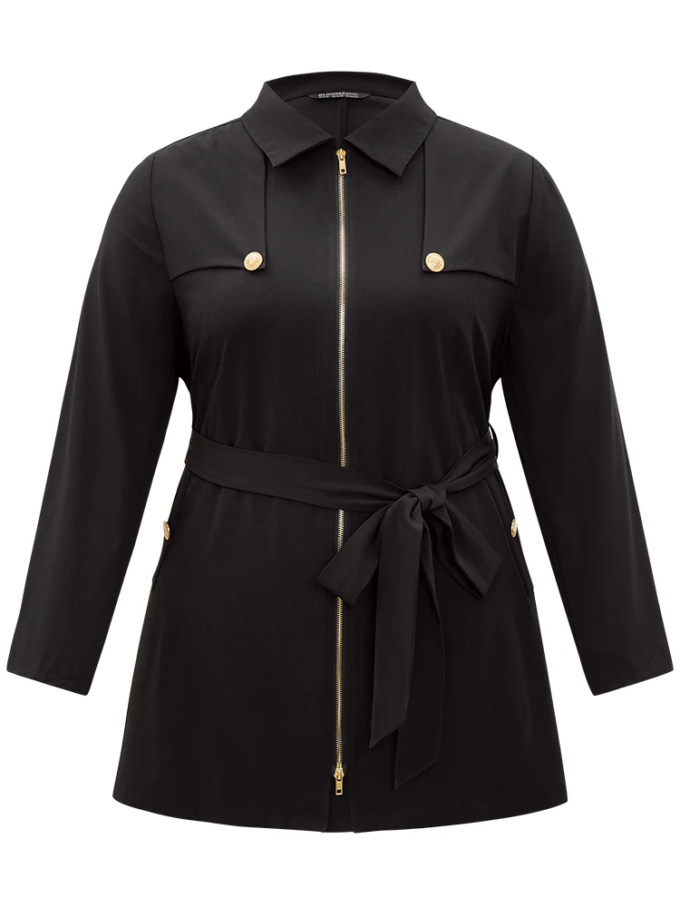 Solid Belted Button Detail Zipper Pocket Coat - Image 9
