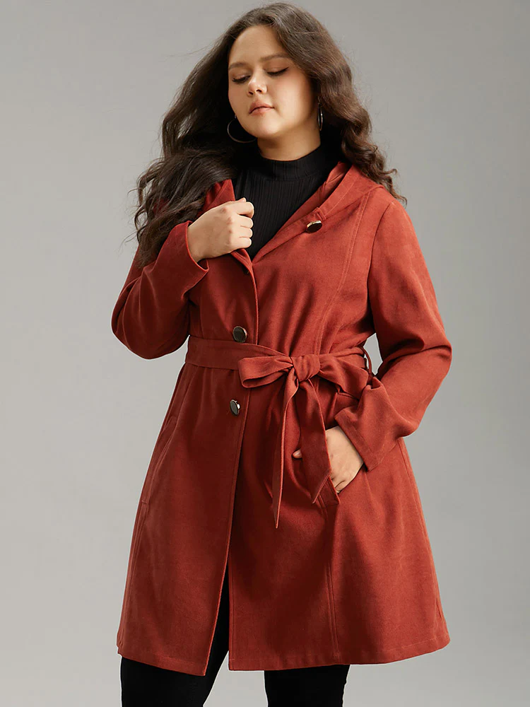 Solid Belted Button Up Hooded Coat - Image 2