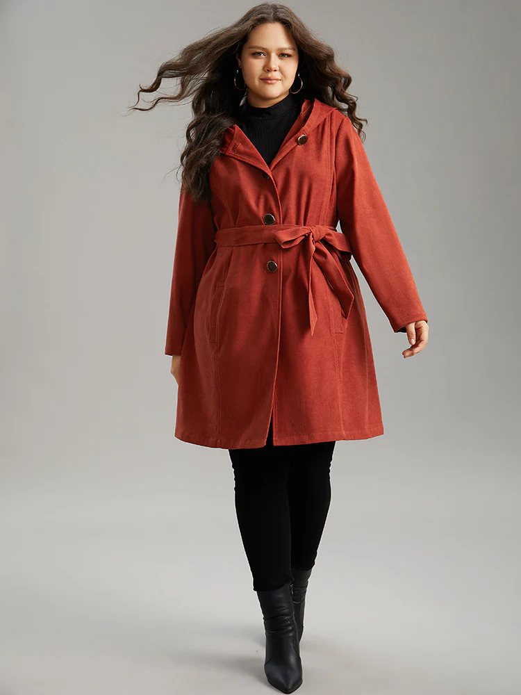 Solid Belted Button Up Hooded Coat - Image 4