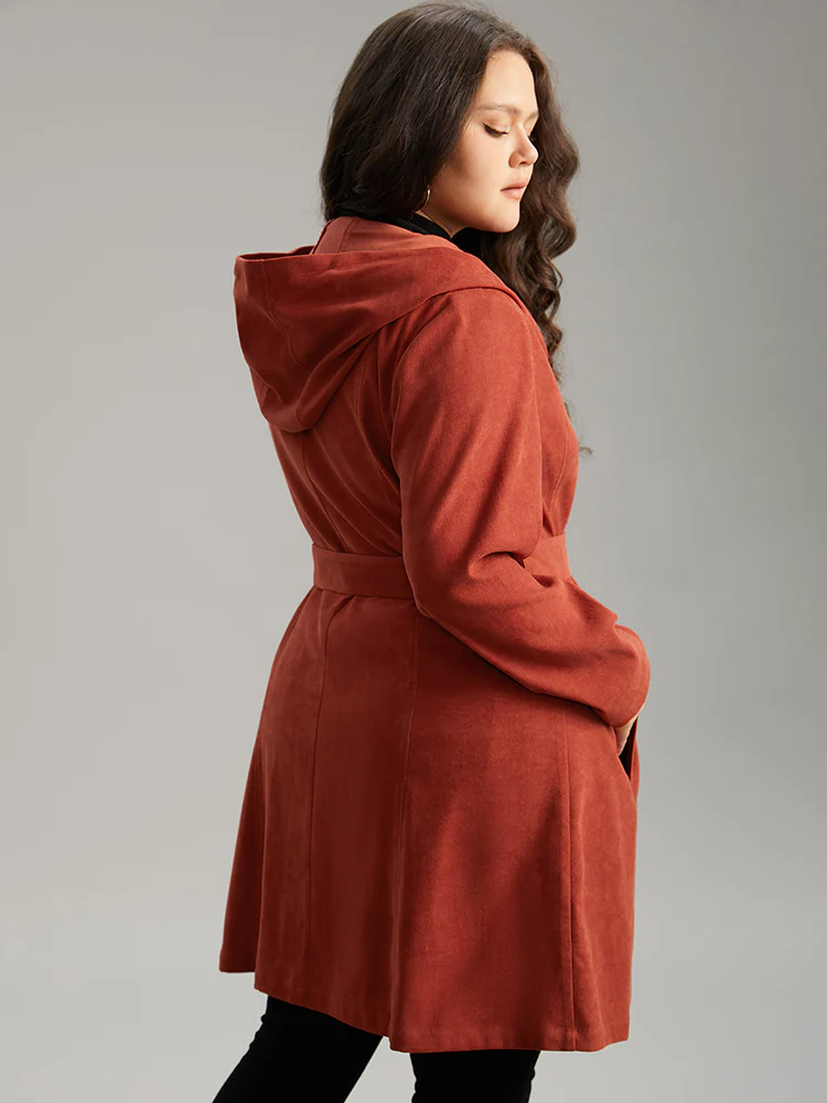 Solid Belted Button Up Hooded Coat - Image 5