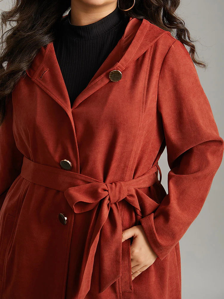 Solid Belted Button Up Hooded Coat - Image 6