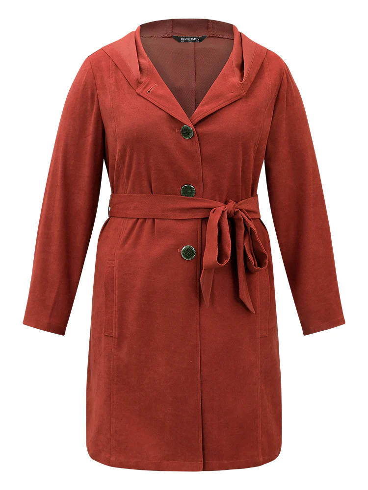 Solid Belted Button Up Hooded Coat - Image 7