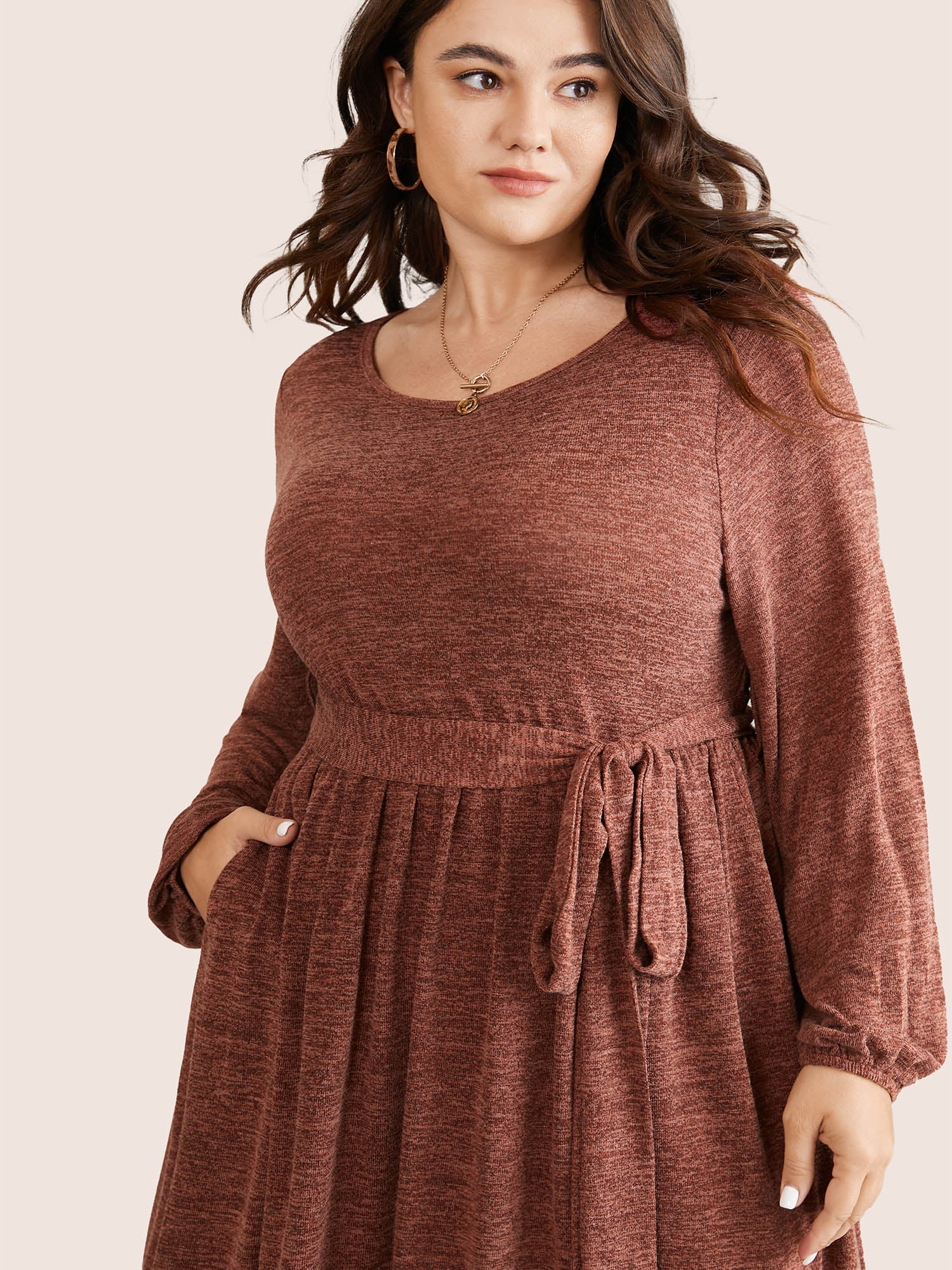 Solid Belted Elastic Cuffs Jacquard Dress - Image 2