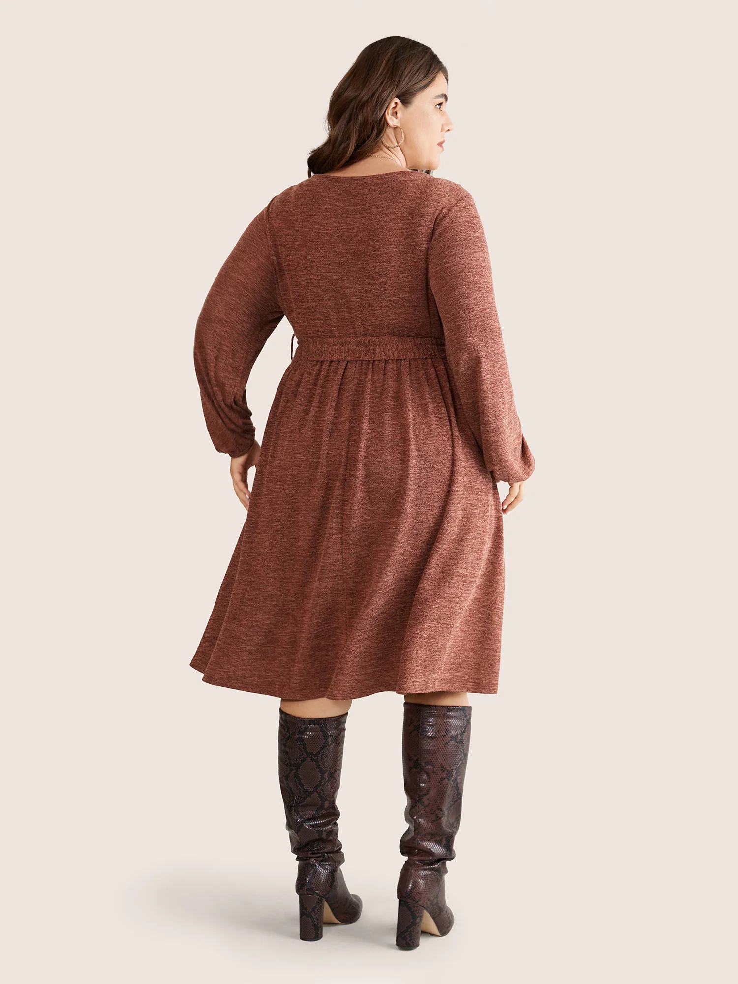 Solid Belted Elastic Cuffs Jacquard Dress - Image 3
