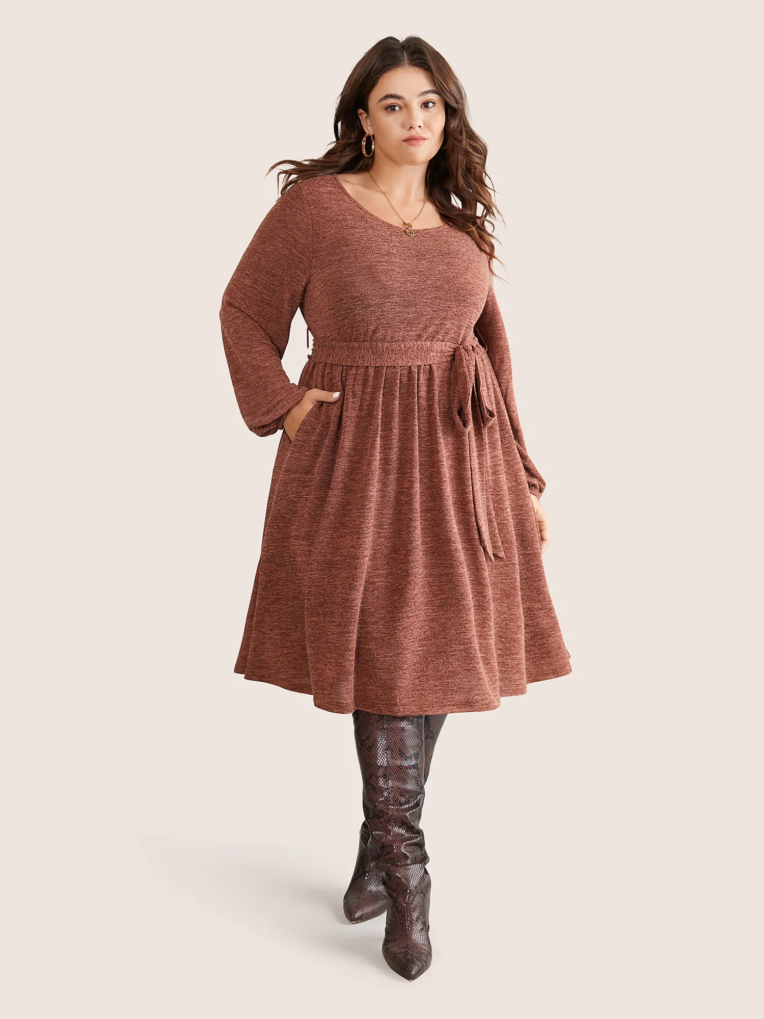 Solid Belted Elastic Cuffs Jacquard Dress - Image 4