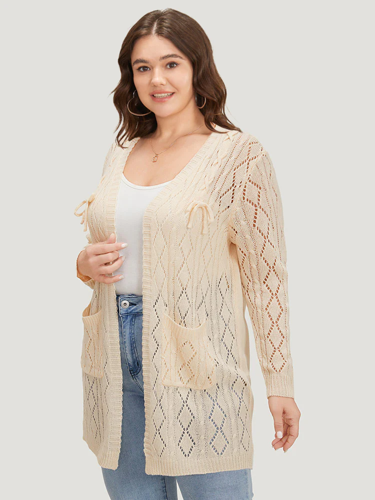 Solid Bowknot Detail Patched Pocket Hollow Out Cardigan - Image 3