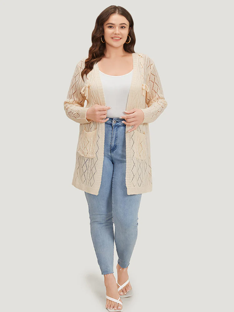 Solid Bowknot Detail Patched Pocket Hollow Out Cardigan - Image 4