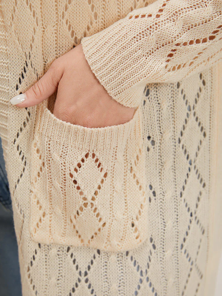 Solid Bowknot Detail Patched Pocket Hollow Out Cardigan - Image 5