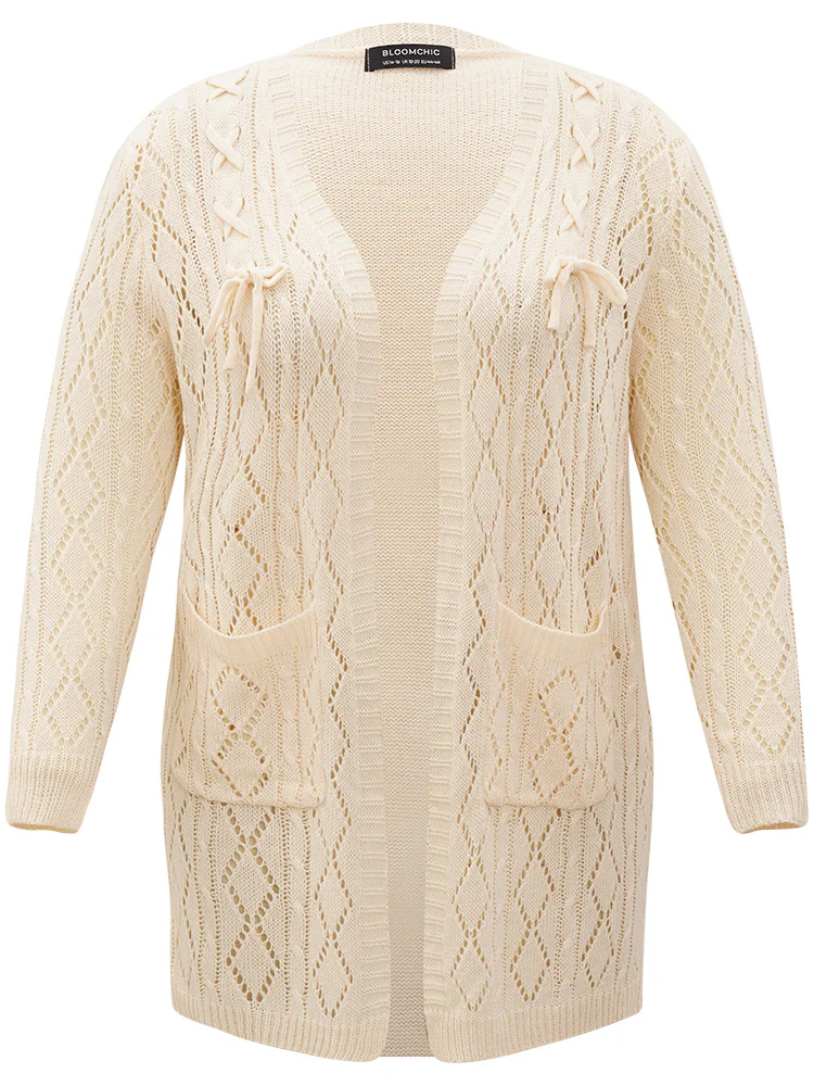 Solid Bowknot Detail Patched Pocket Hollow Out Cardigan - Image 6