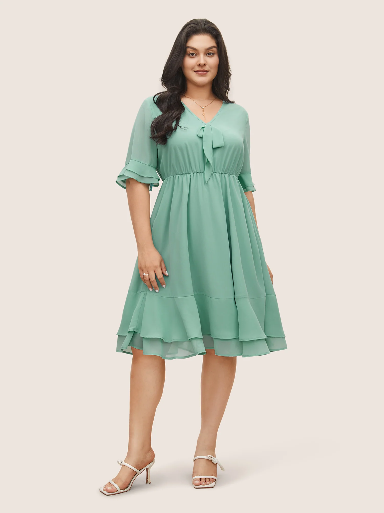 Solid Bowknot Patchwork Tiered Ruffle Sleeve Dress - Image 2