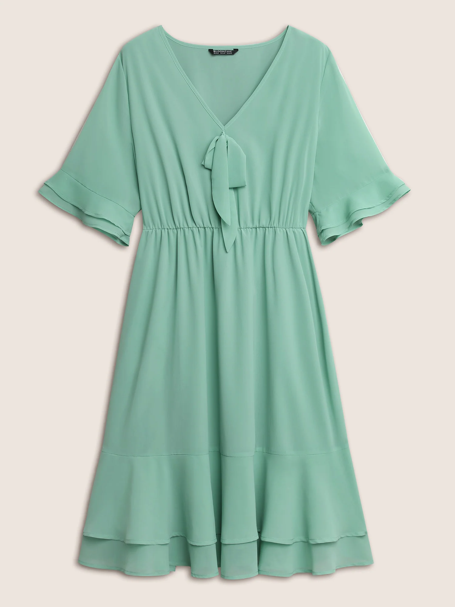Solid Bowknot Patchwork Tiered Ruffle Sleeve Dress - Image 7