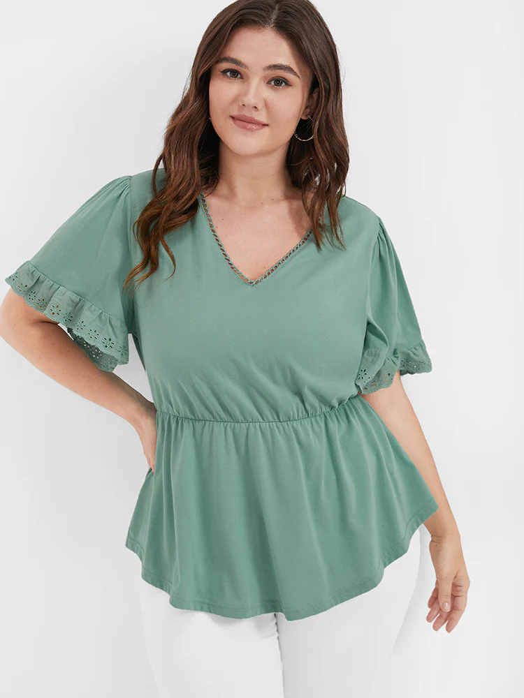 Solid Broderie Anglaise Flutter V Neck T-shirt