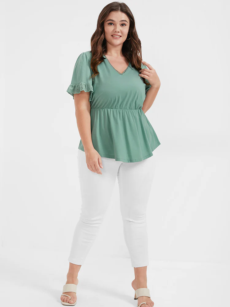 Solid Broderie Anglaise Flutter V Neck T-shirt - Image 2