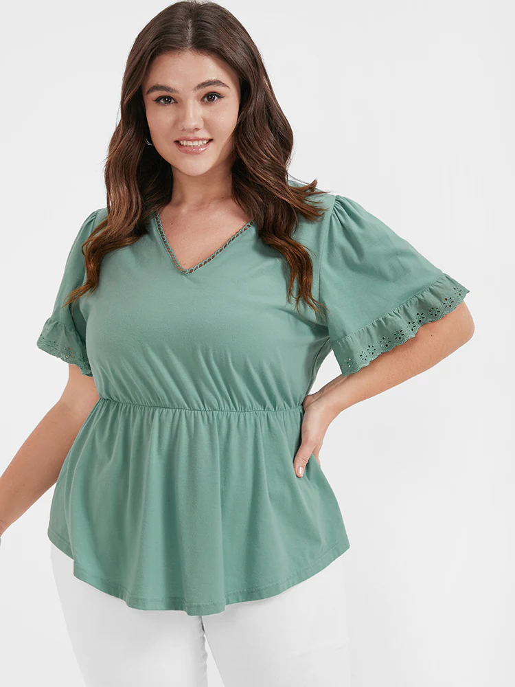 Solid Broderie Anglaise Flutter V Neck T-shirt - Image 3