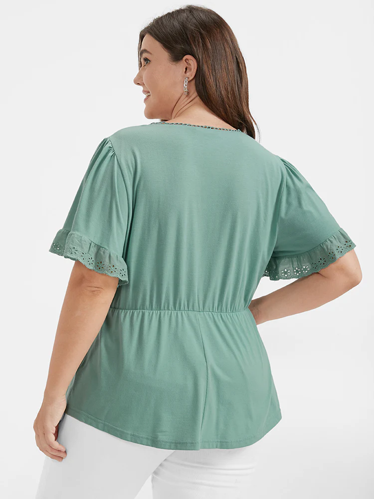 Solid Broderie Anglaise Flutter V Neck T-shirt - Image 5