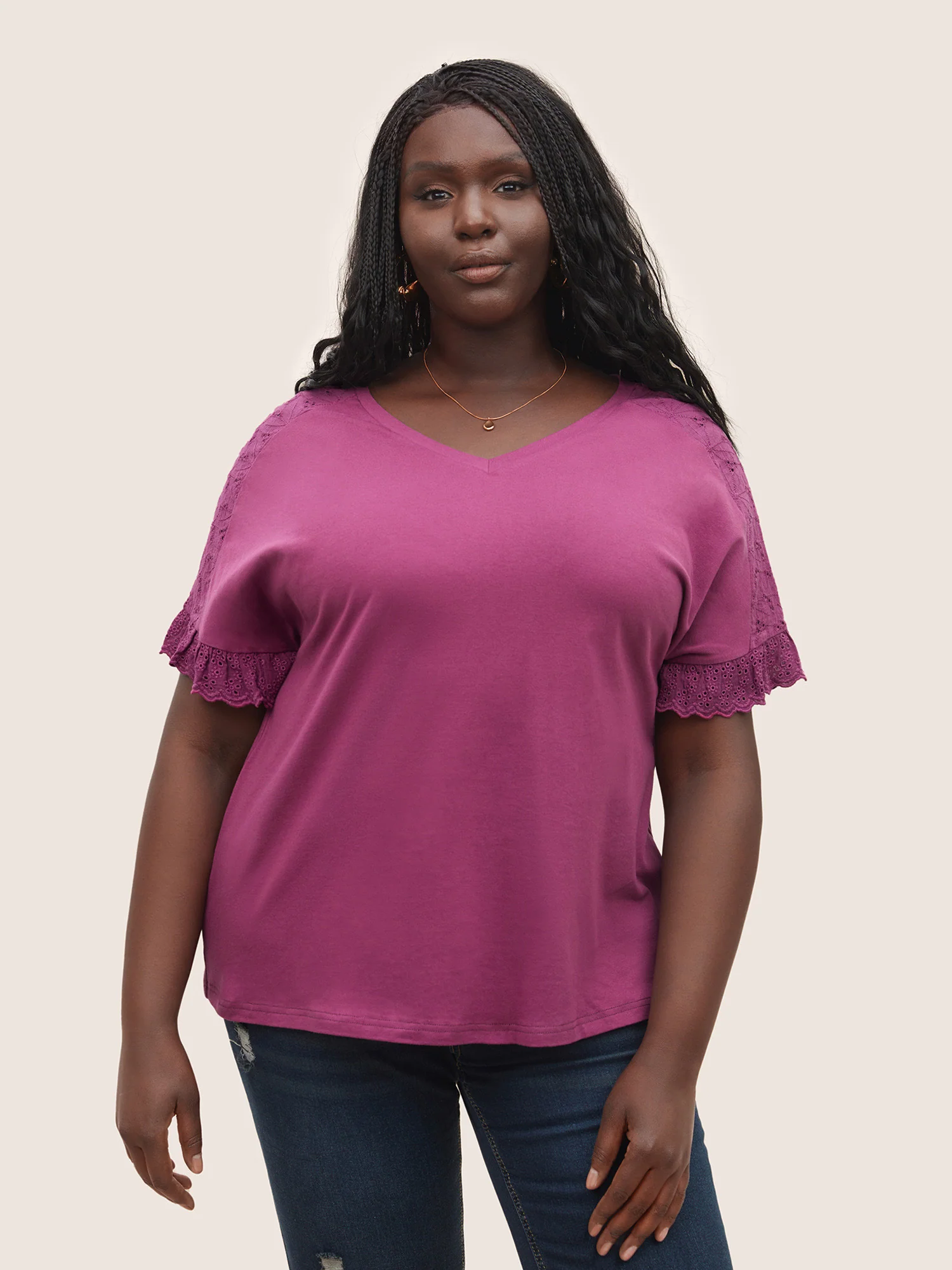 Solid Broderie anglaise Patchwork Dolman Sleeve T-shirt