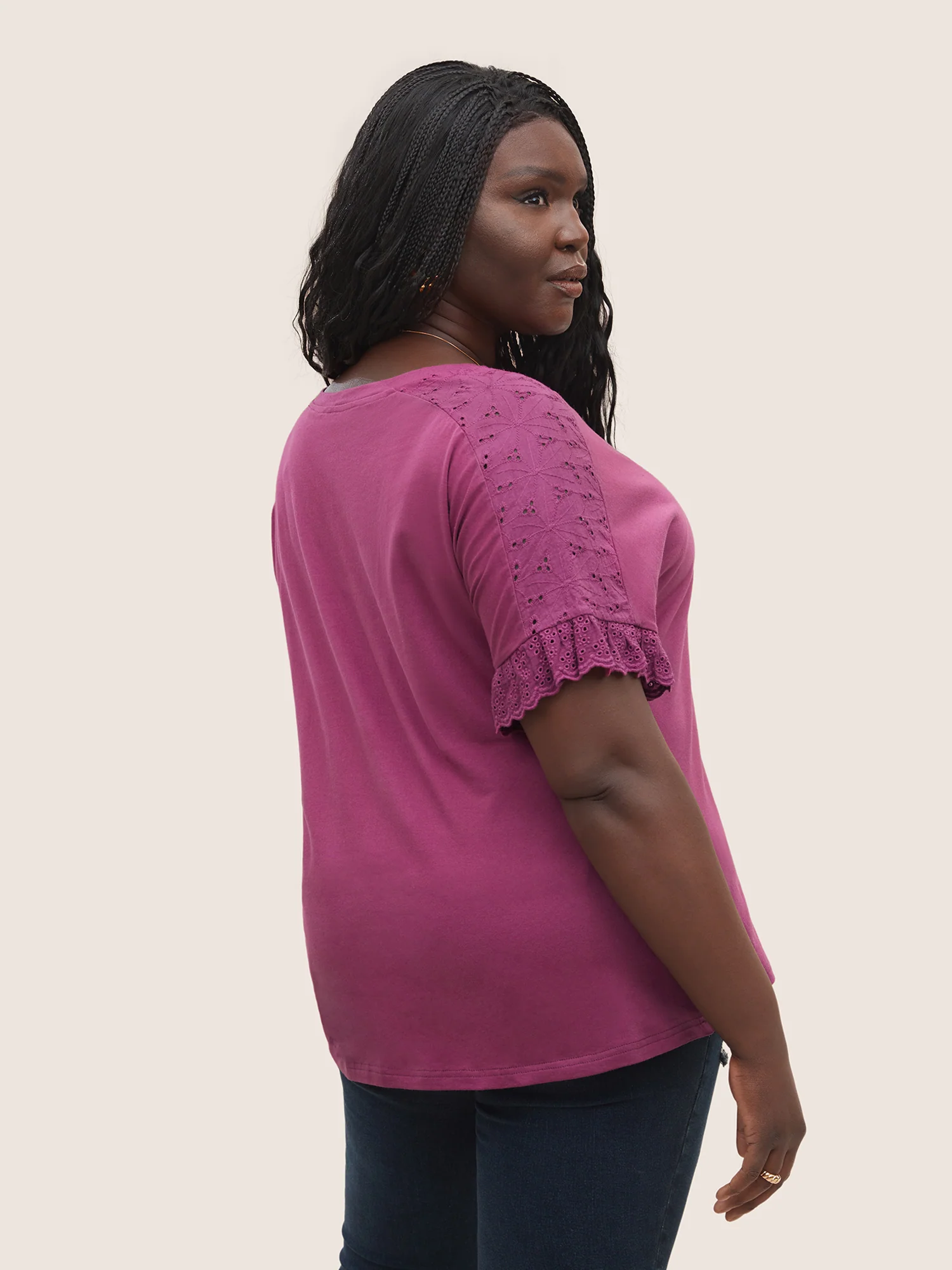 Solid Broderie anglaise Patchwork Dolman Sleeve T-shirt - Image 2