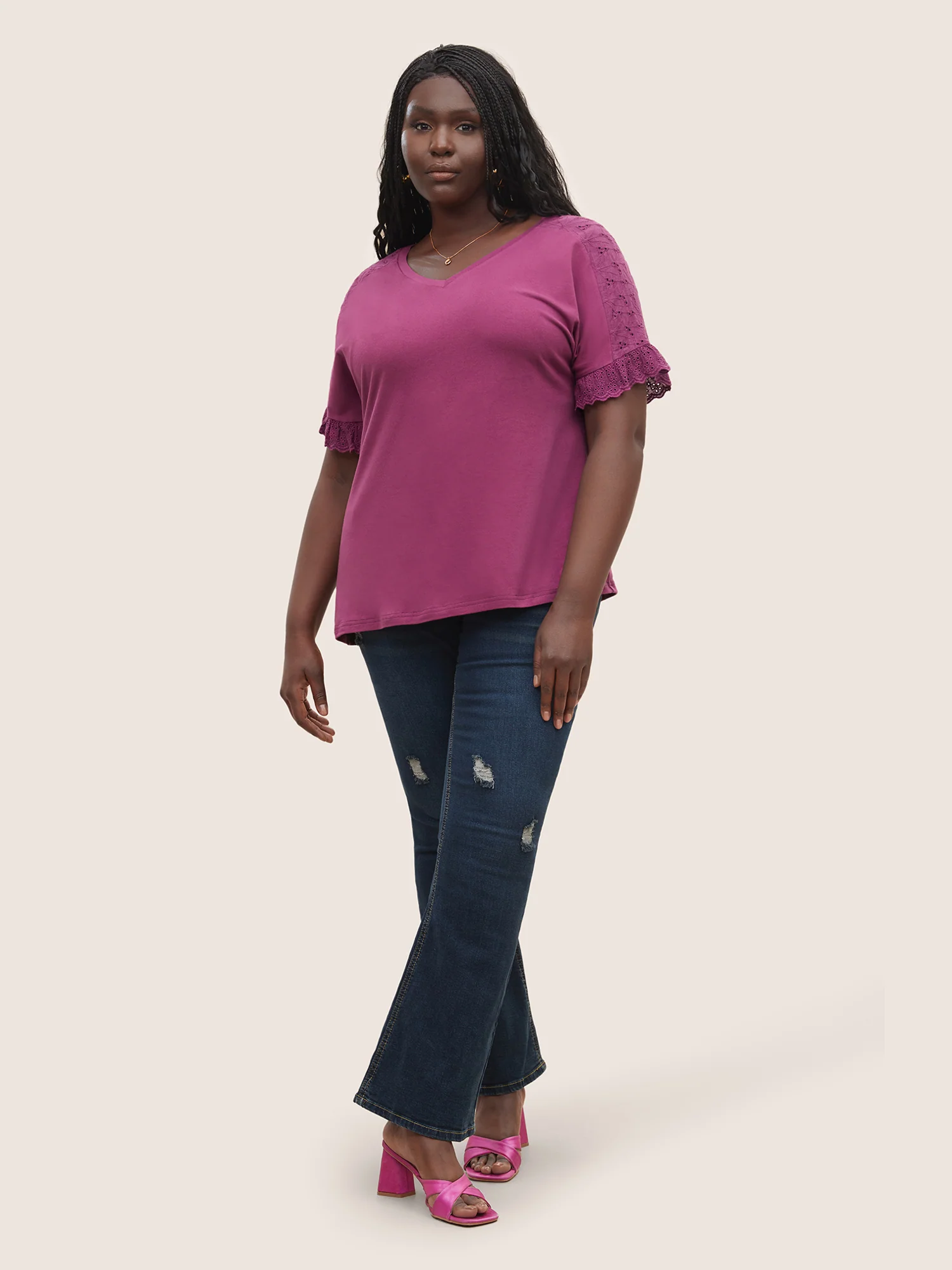 Solid Broderie anglaise Patchwork Dolman Sleeve T-shirt - Image 3