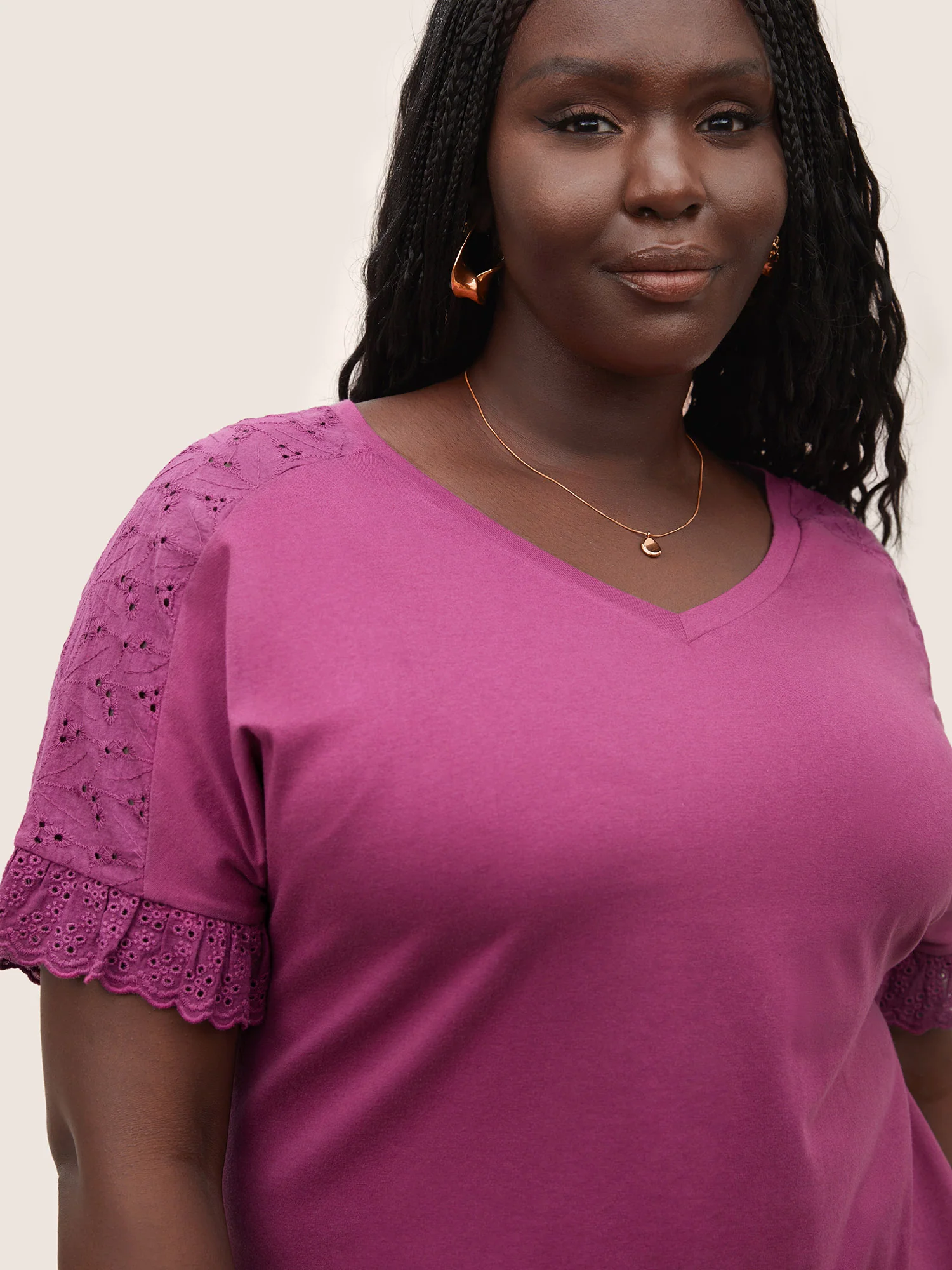 Solid Broderie anglaise Patchwork Dolman Sleeve T-shirt - Image 4