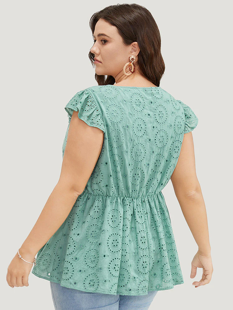 Solid Broderie Anglaise Ruffles Cap Sleeve Tank Top - Image 2
