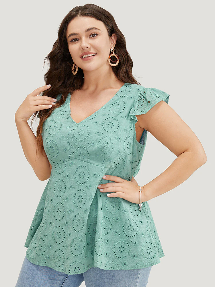 Solid Broderie Anglaise Ruffles Cap Sleeve Tank Top - Image 4