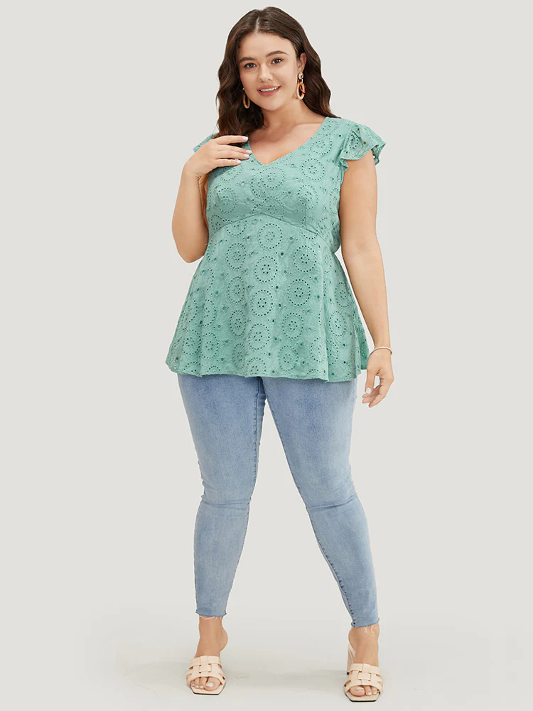Solid Broderie Anglaise Ruffles Cap Sleeve Tank Top - Image 5