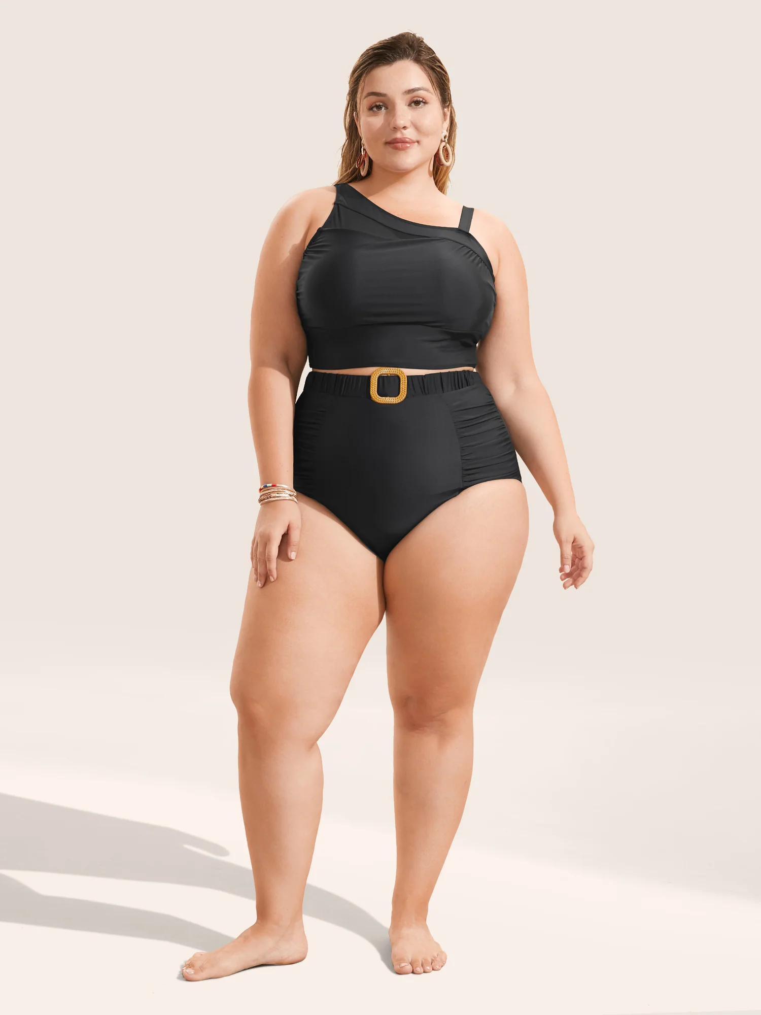 Solid Buckle Detail Ruched Swim Bottom - Image 3